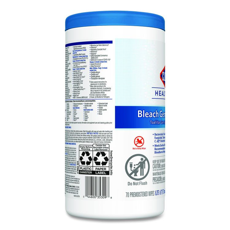 Bleach Germicidal Wipes, 1-Ply, 6.75 x 9, Unscented, White, 70/Canister