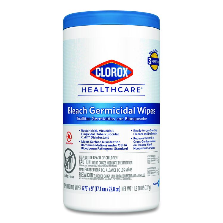 Bleach Germicidal Wipes, 1-Ply, 6.75 x 9, Unscented, White, 70/Canister