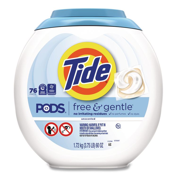 PODS Laundry Detergent, Free and Gentle, HE Compatible, 56 oz Tub, 76 Pacs/Tub, 4 Tubs/Carton