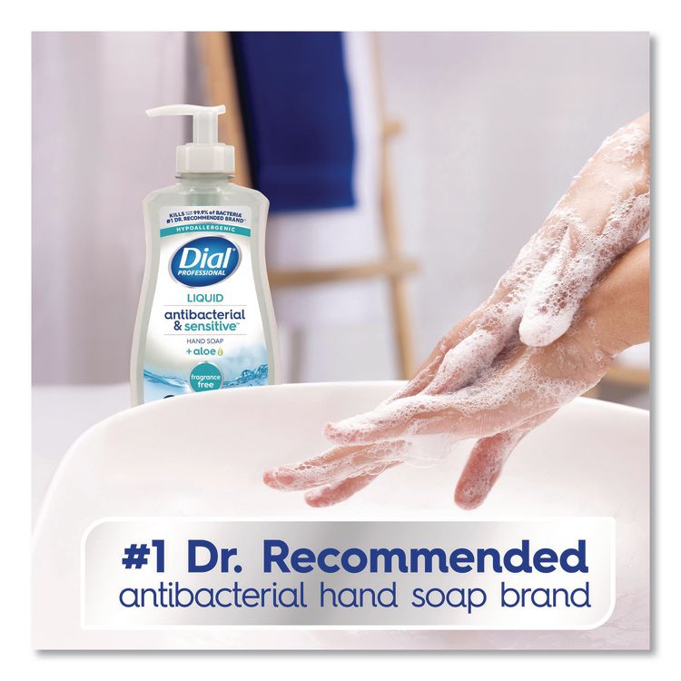 Antibacterial and Sensitive Liquid Hand Soap, Fragrance Free, 11 oz Pump Bottle, 12/Carton