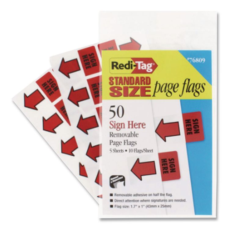 Removable/Reusable Page Flags, "Sign Here", Red, 50/Pack