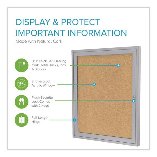 1 Door Enclosed Natural Cork Bulletin Board with Satin Frame, 24" x 36", Tan Surface, Satin Aluminum Frame
