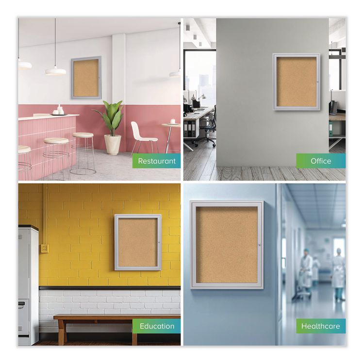 1 Door Enclosed Natural Cork Bulletin Board with Satin Frame, 24" x 36", Tan Surface, Satin Aluminum Frame