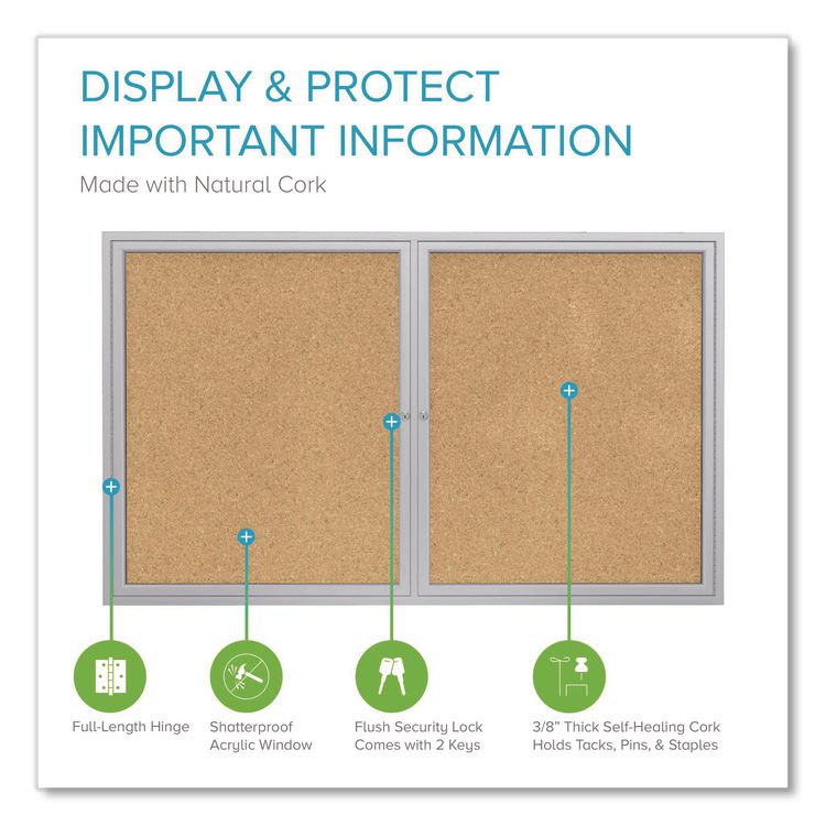 2 Door Enclosed Natural Cork Bulletin Board with Satin Frame, 48" x 36", Tan Surface, Satin Aluminum Frame