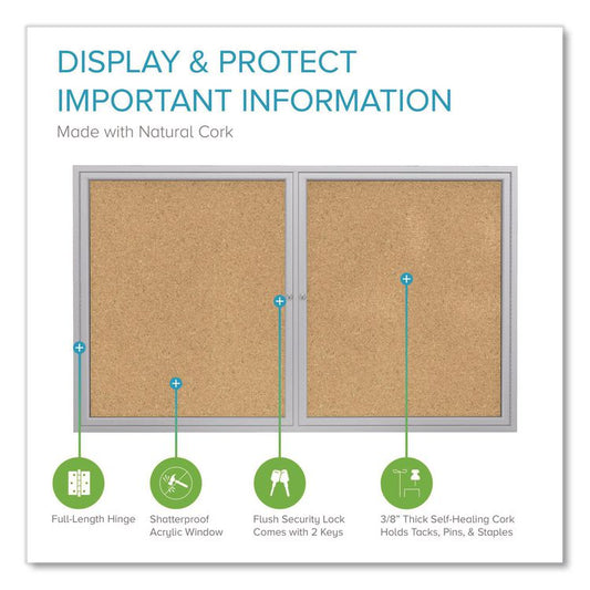 2 Door Enclosed Natural Cork Bulletin Board with Satin Frame, 48" x 36", Tan Surface, Satin Aluminum Frame