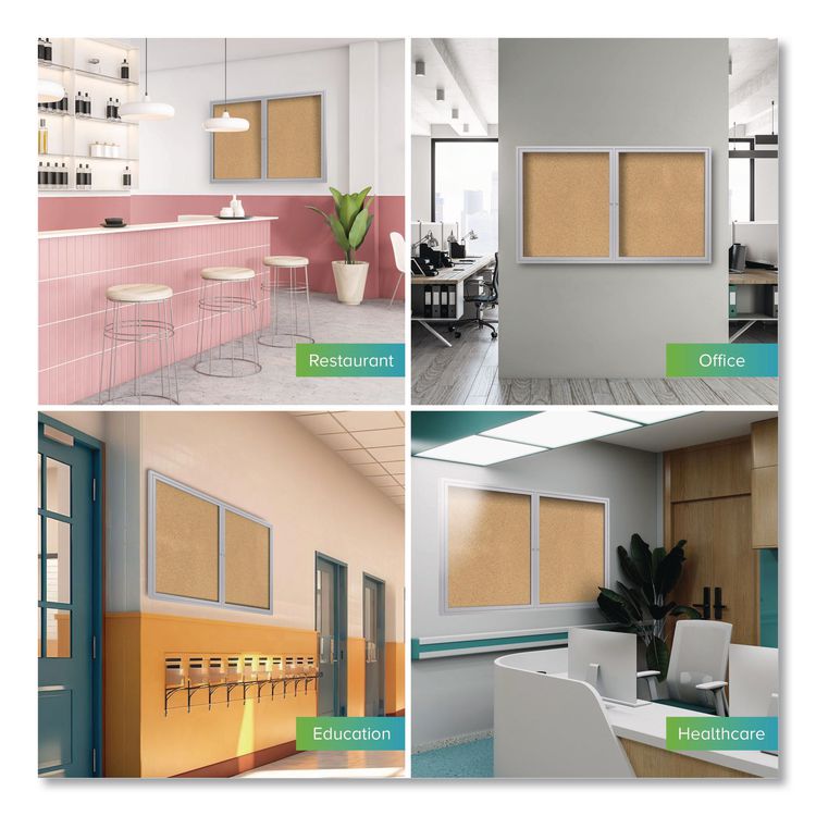2 Door Enclosed Natural Cork Bulletin Board with Satin Frame, 48" x 36", Tan Surface, Satin Aluminum Frame
