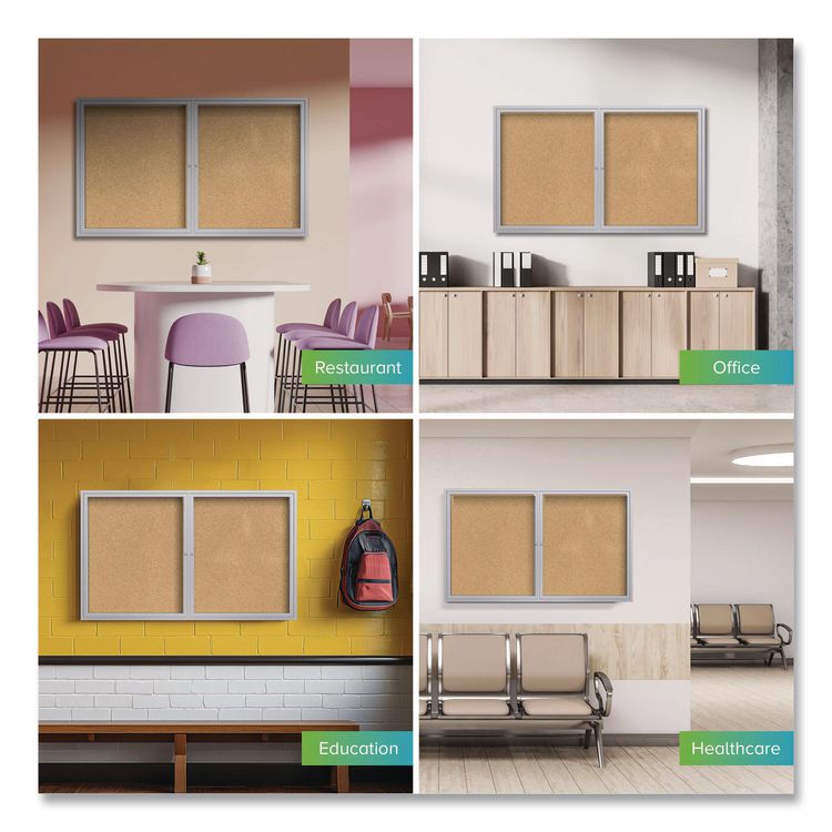 2 Door Enclosed Natural Cork Bulletin Board with Satin Frame, 60" x 36", Tan Surface, Satin Aluminum Frame