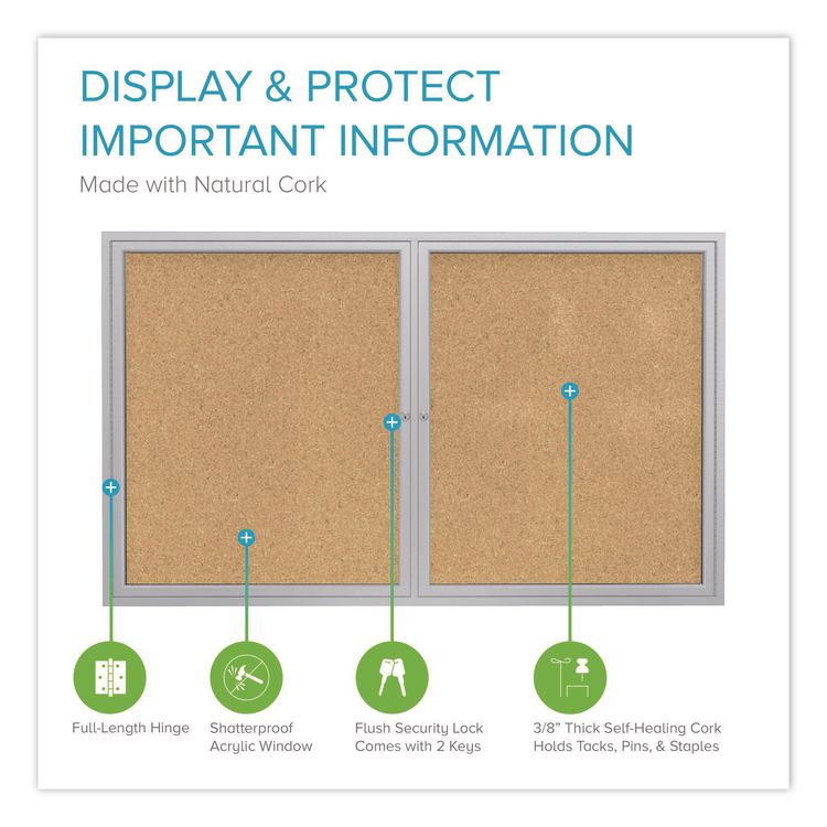 2 Door Enclosed Natural Cork Bulletin Board with Satin Frame, 60" x 48", Tan Surface, Satin Aluminum Frame