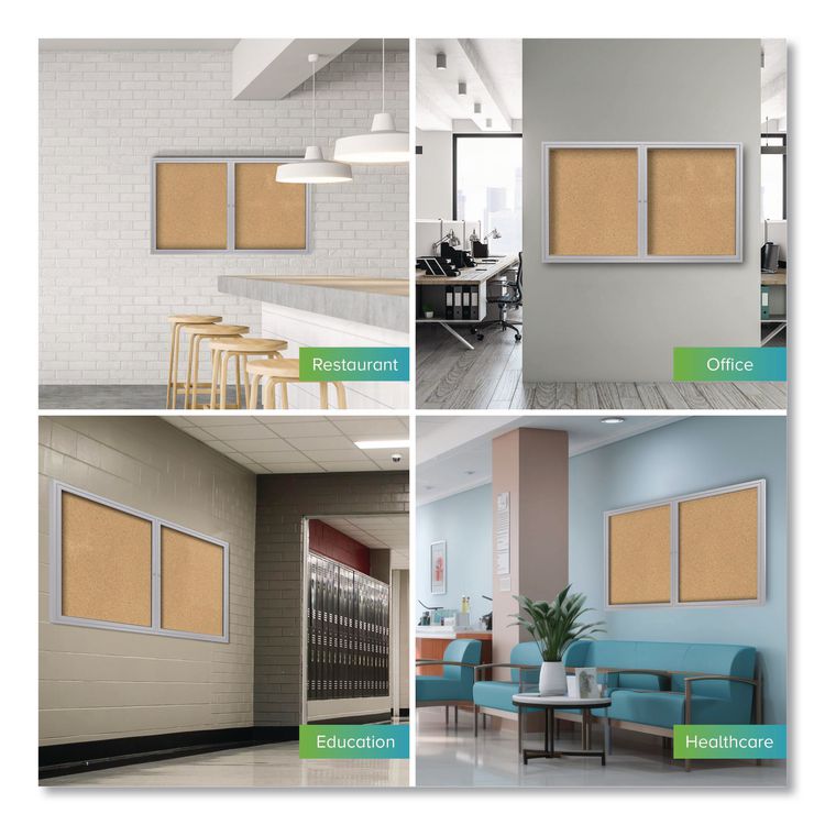 2 Door Enclosed Natural Cork Bulletin Board with Satin Frame, 60" x 48", Tan Surface, Satin Aluminum Frame