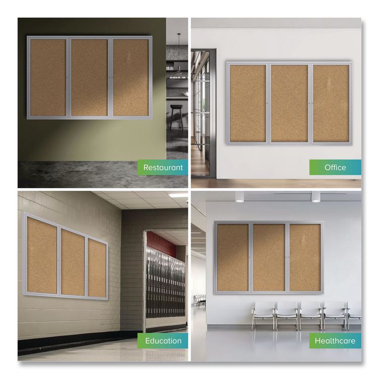 2 Door Enclosed Natural Cork Bulletin Board with Satin Frame, 72" x 36", Tan Surface, Satin Aluminum Frame