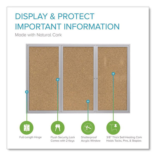 3 Door Enclosed Natural Cork Bulletin Board with Satin Frame, 72" x 48", Tan Surface, Satin Aluminum Frame