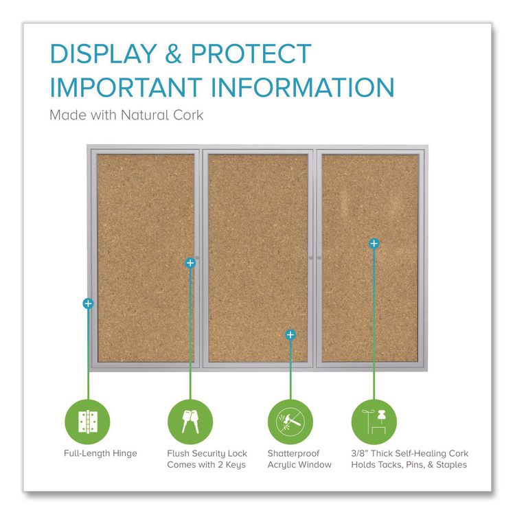 3 Door Enclosed Natural Cork Bulletin Board with Satin Frame, 96" x 48", Tan Surface, Satin Aluminum Frame