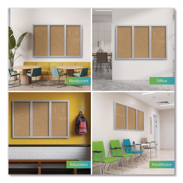 3 Door Enclosed Natural Cork Bulletin Board with Satin Frame, 96" x 48", Tan Surface, Satin Aluminum Frame