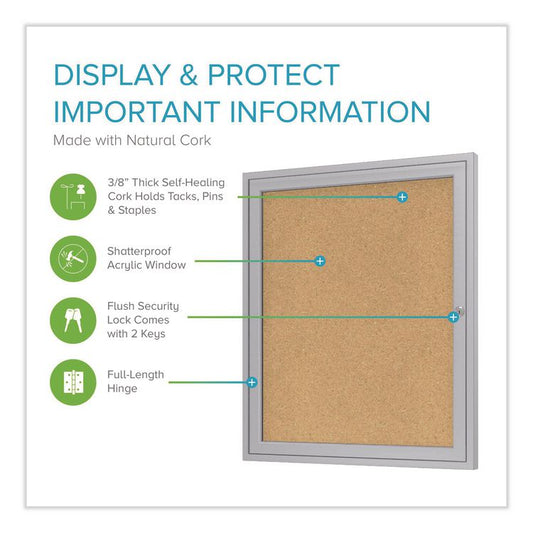 1 Door Enclosed Natural Cork Bulletin Board with Satin Frame, 18" x 24", Tan Surface, Satin Aluminum Frame