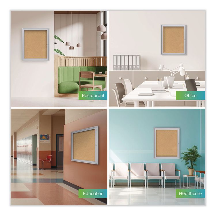 1 Door Enclosed Natural Cork Bulletin Board with Satin Frame, 18" x 24", Tan Surface, Satin Aluminum Frame