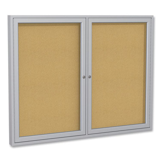 2 Door Enclosed Natural Cork Bulletin Board with Satin Frame, 48" x 36", Tan Surface, Satin Aluminum Frame