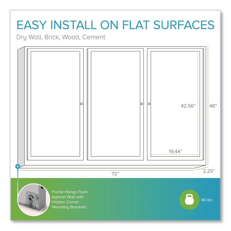 3 Door Enclosed Vinyl Bulletin Board with Satin Frame, 72" x 48", Silver Surface, Satin Aluminum Frame