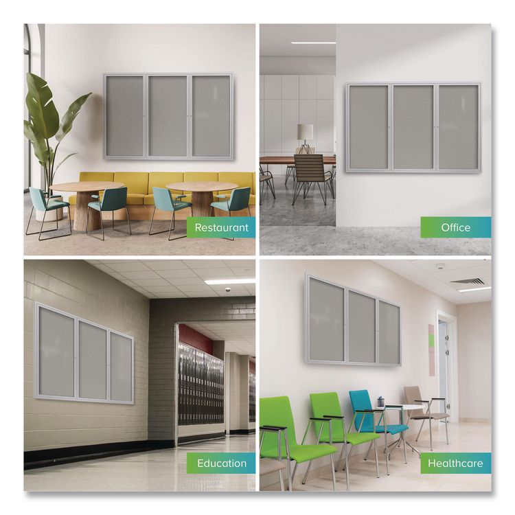 3 Door Enclosed Vinyl Bulletin Board with Satin Frame, 72" x 48", Silver Surface, Satin Aluminum Frame