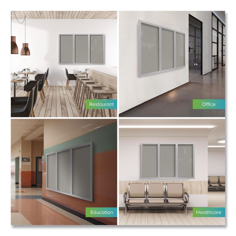 3 Door Enclosed Vinyl Bulletin Board with Satin Frame, 96" x 48", Silver Surface, Satin Aluminum Frame