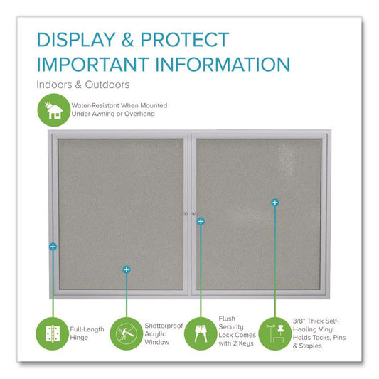 2 Door Enclosed Vinyl Bulletin Board with Satin Frame, 48" x 36", Silver Surface, Satin Aluminum Frame