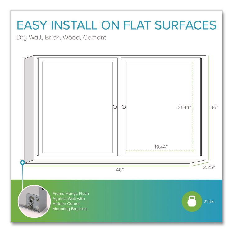 2 Door Enclosed Vinyl Bulletin Board with Satin Frame, 48" x 36", Silver Surface, Satin Aluminum Frame