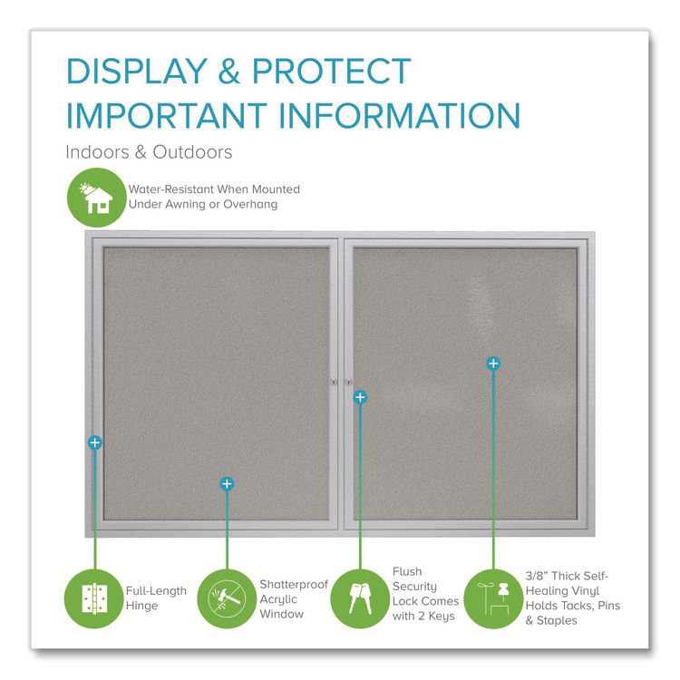 2 Door Enclosed Vinyl Bulletin Board with Satin Frame, 60" x 36", Silver Surface, Satin Aluminum Frame