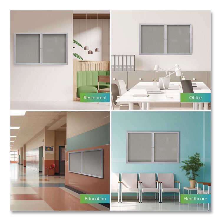 2 Door Enclosed Vinyl Bulletin Board with Satin Frame, 60" x 36", Silver Surface, Satin Aluminum Frame