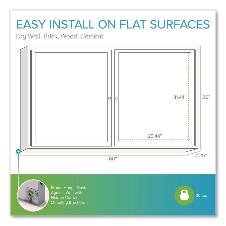 2 Door Enclosed Vinyl Bulletin Board with Satin Frame, 60" x 36", Silver Surface, Satin Aluminum Frame