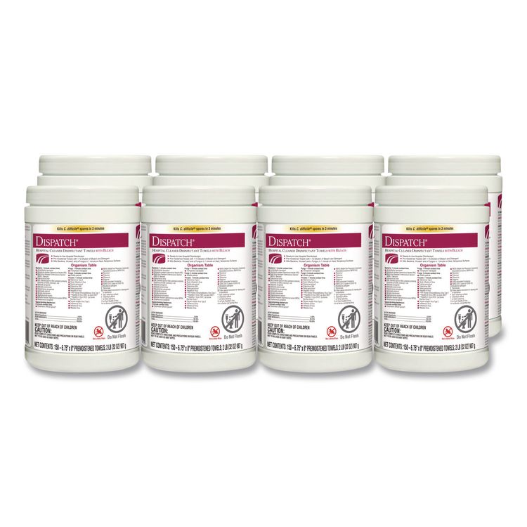Dispatch Hospital Cleaner Disinfectant Towels w/Bleach, 1-Ply, 6.75 x 8, Unscented, White, 150/Canister, 8 Canisters/Carton