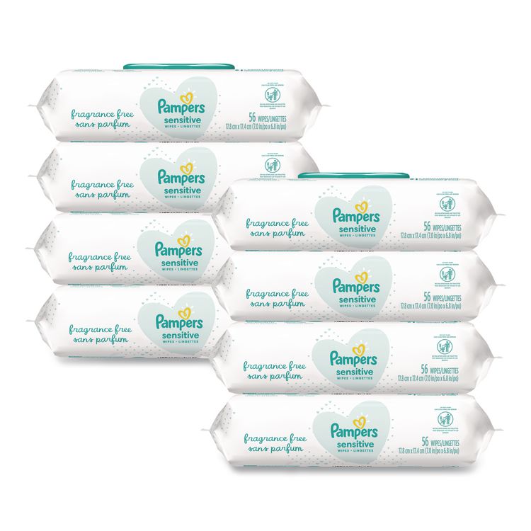 Sensitive Baby Wipes, 1-Ply, 6.8 x 7, Unscented, White, 56/Pack, 8 Packs/Carton