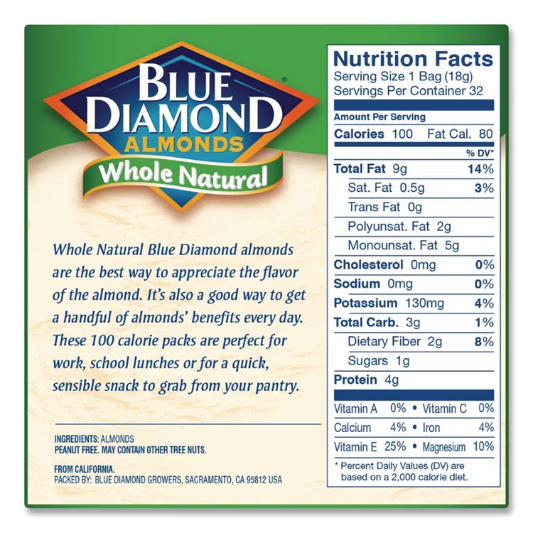 Whole Natural Almonds On-the-Go, 0.63 oz Pouch, 32 Pouches/Carton