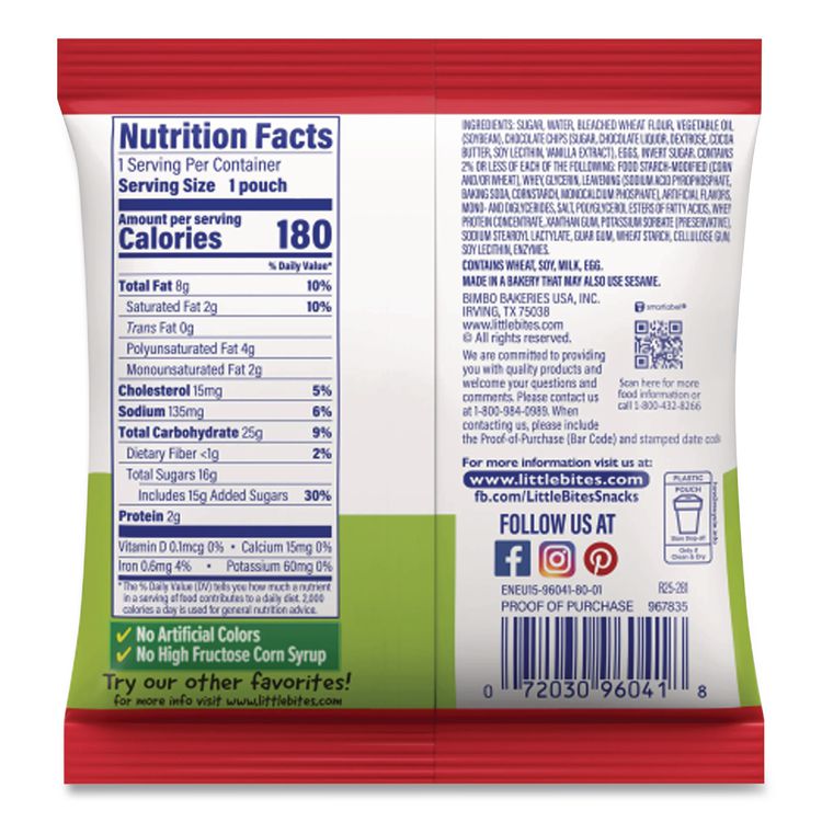 Little Bites Muffins, Chocolate Chip, 1.65 oz Pouch, 20 Pouches/Carton