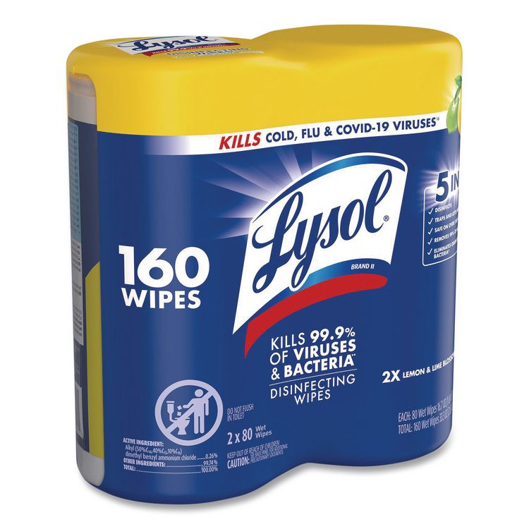 Disinfecting Wipes, 1-Ply, 7 x 7.25, Lemon and Lime Blossom, White, 80 Wipes/Canister, 2 Canisters/Pack, 3 Packs/Carton