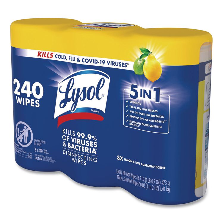 Disinfecting Wipes, 1-Ply, 7 x 7.25, Lemon and Lime Blossom, White, 80 Wipes/Canister, 3 Canisters/Pack, 2 Packs/Carton