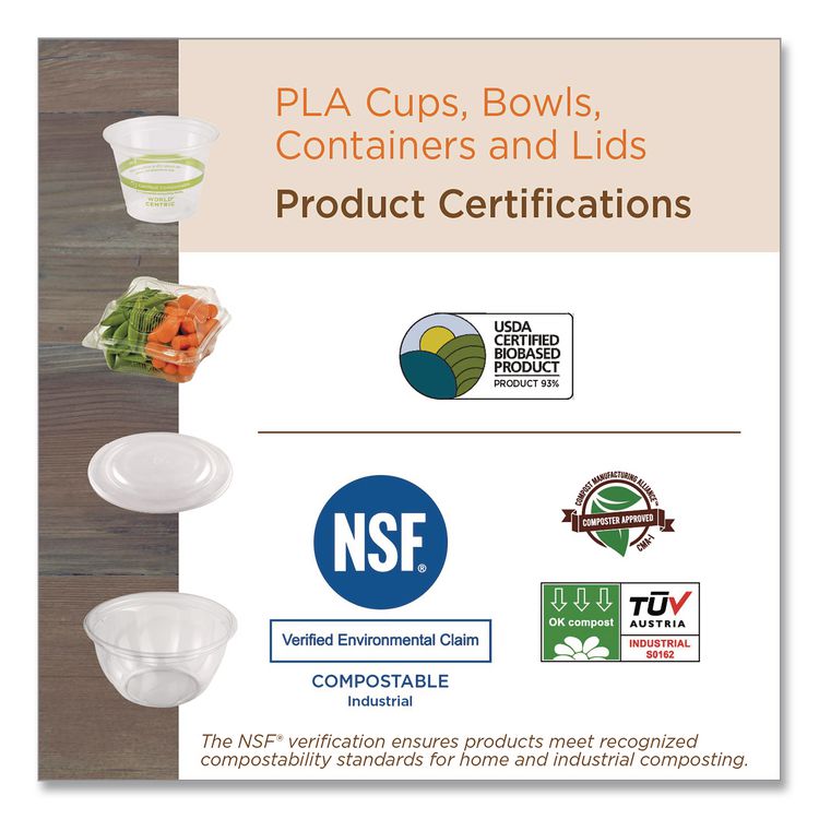 PLA Lids for Fiber Bowls, 7.5" Diameter x 1" h, Clear, Plastic, 300/Carton