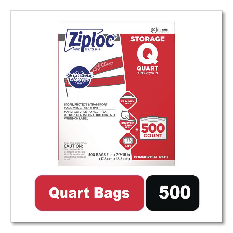 Double Zipper Storage Bags, Quart, 1.75 mil, 7" x 7.75", Clear, 500/Box