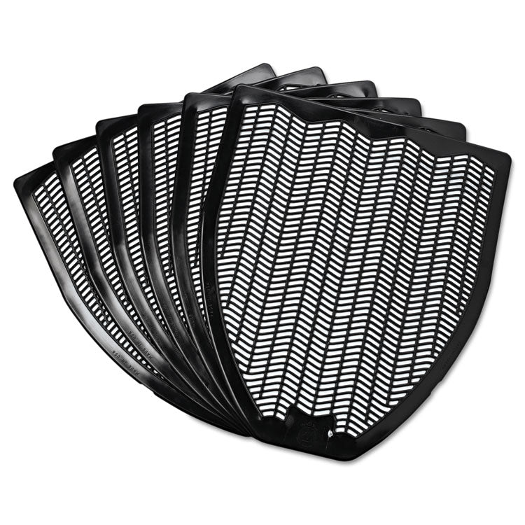Disposable Urinal Floor Mat, Shield-Shaped, Fresh Blast Scent, Black Non-Slip Perforated Surface, 17.5" x 20.38", 6/Carton