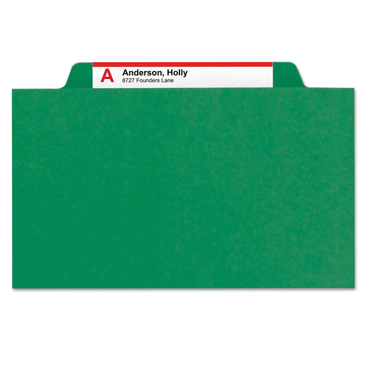 Pressboard Top Tab Pocket Classification Folders, Expands 2", 2 Dividers, 6 SafeSHIELD Fasteners, Letter Size, Green, 10/Box