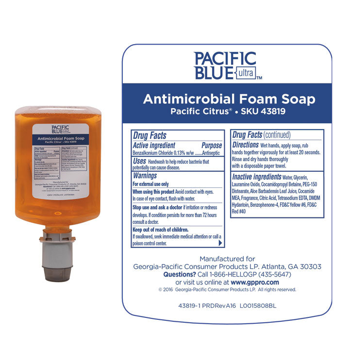 Pacific Blue Ultra Foam Soap Manual Dispenser Refill, Antimicrobial, Pacific Citrus Scent, 1,200 mL, 4/Carton