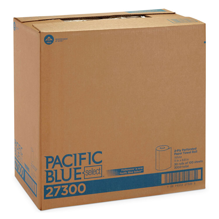 Pacific Blue Select Two-Ply Perforated Paper Kitchen Roll Towels, 2-Ply, 11 x 8.8, White, 100/Roll, 30 Rolls/Carton