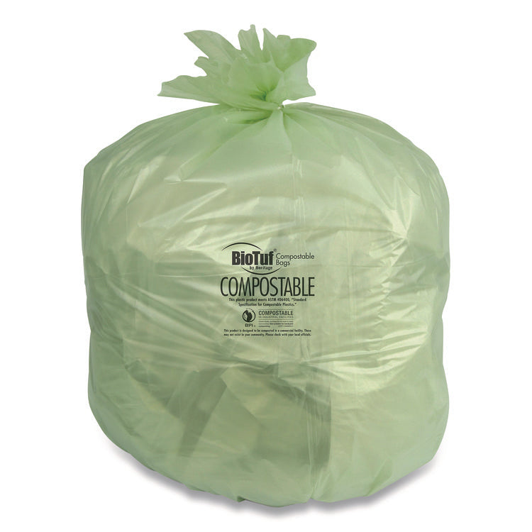 Biotuf Compostable Can Liners, 13 gal, 0.88 mil, 24" x 32", Green, 25 Bags/Roll, 8 Rolls/Carton
