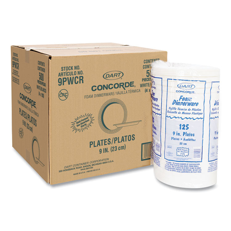 Concorde Foam Plate, 9" dia, White, 125/Pack, 4 Packs/Carton