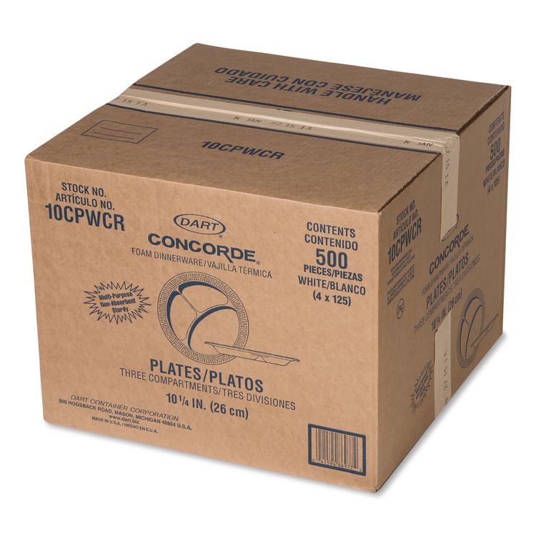 Concorde Foam Plate, 3-Compartment Plate, 10.25" dia, White, 125/Pack, 4 Packs/Carton
