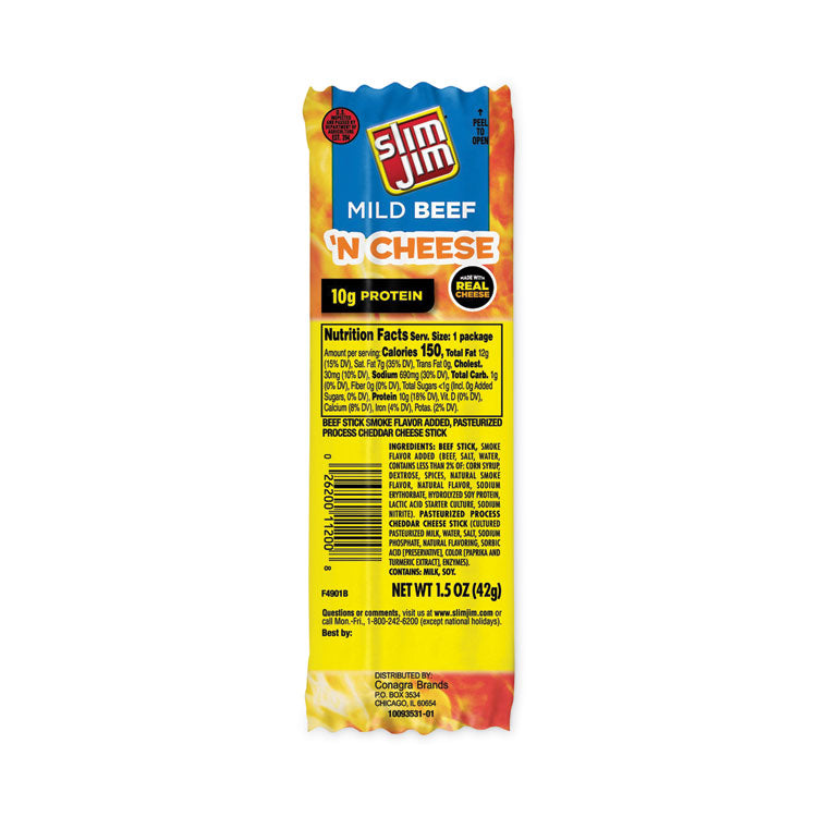 Beef and Cheese Meat Sticks, 1.5 oz Pack, 18/Carton
