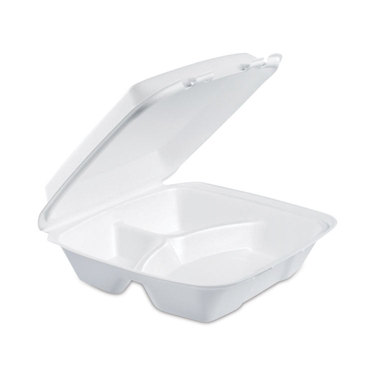 Foam Hinged Lid Container, 3 Compartments, 8 oz, 9 x 9.4 x 3, White, 100/Sleeve, 2 Sleeves/Carton
