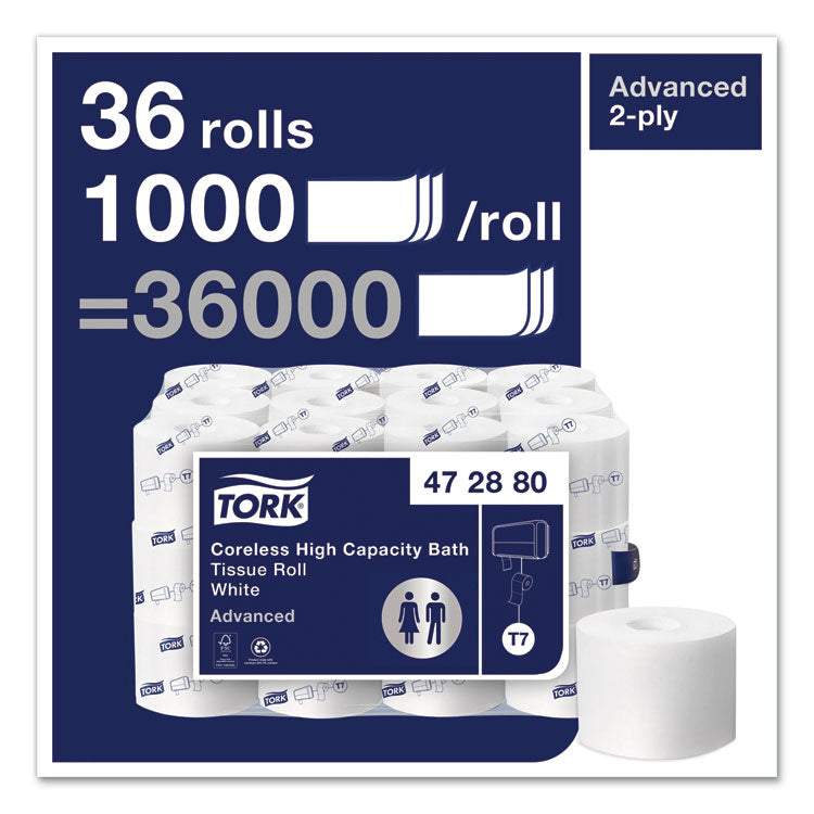 Advanced High Capacity Bath Tissue, Coreless, Septic Safe, 2-Ply, White, 1,000 Sheets/Roll, 36 Rolls/Carton