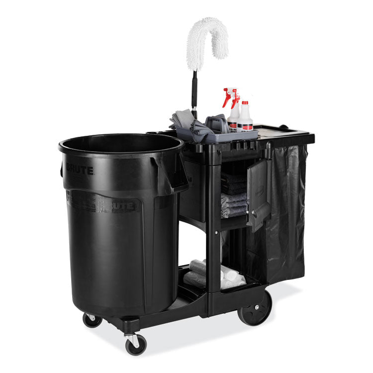 Executive Janitorial Cleaning Cart, Plastic, 4 Shelves, 1 Bin, 21.75" x 46" x 38.38", Black