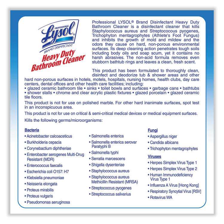 Disinfectant Heavy-Duty Bathroom Cleaner Concentrate, Fresh Lime Scent, 1 gal Bottle, 4/Carton