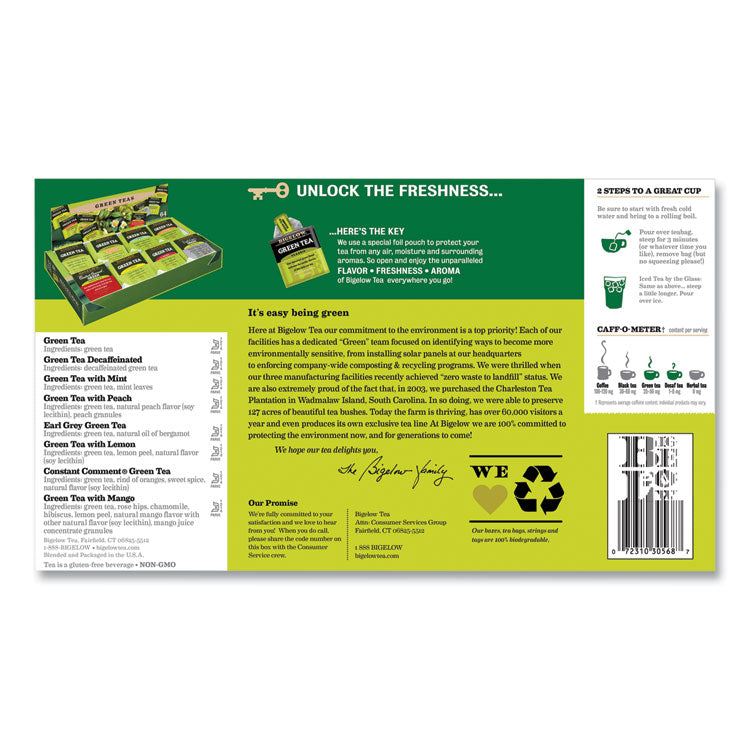 Green Tea Assortment, Individually Wrapped, Eight Flavors, 64 Tea Bags/Box