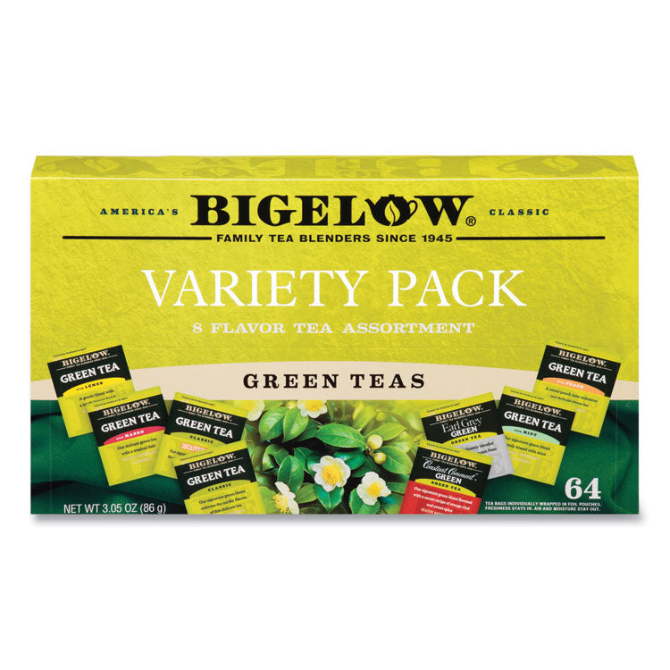 Green Tea Assortment, Individually Wrapped, Eight Flavors, 64 Tea Bags/Box